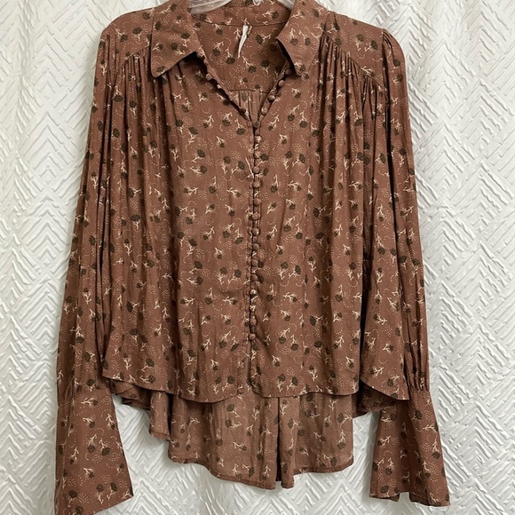 Free People Modern Blouse Brown Fall Floral Button Down Top Size XS - Picture 3 of 6